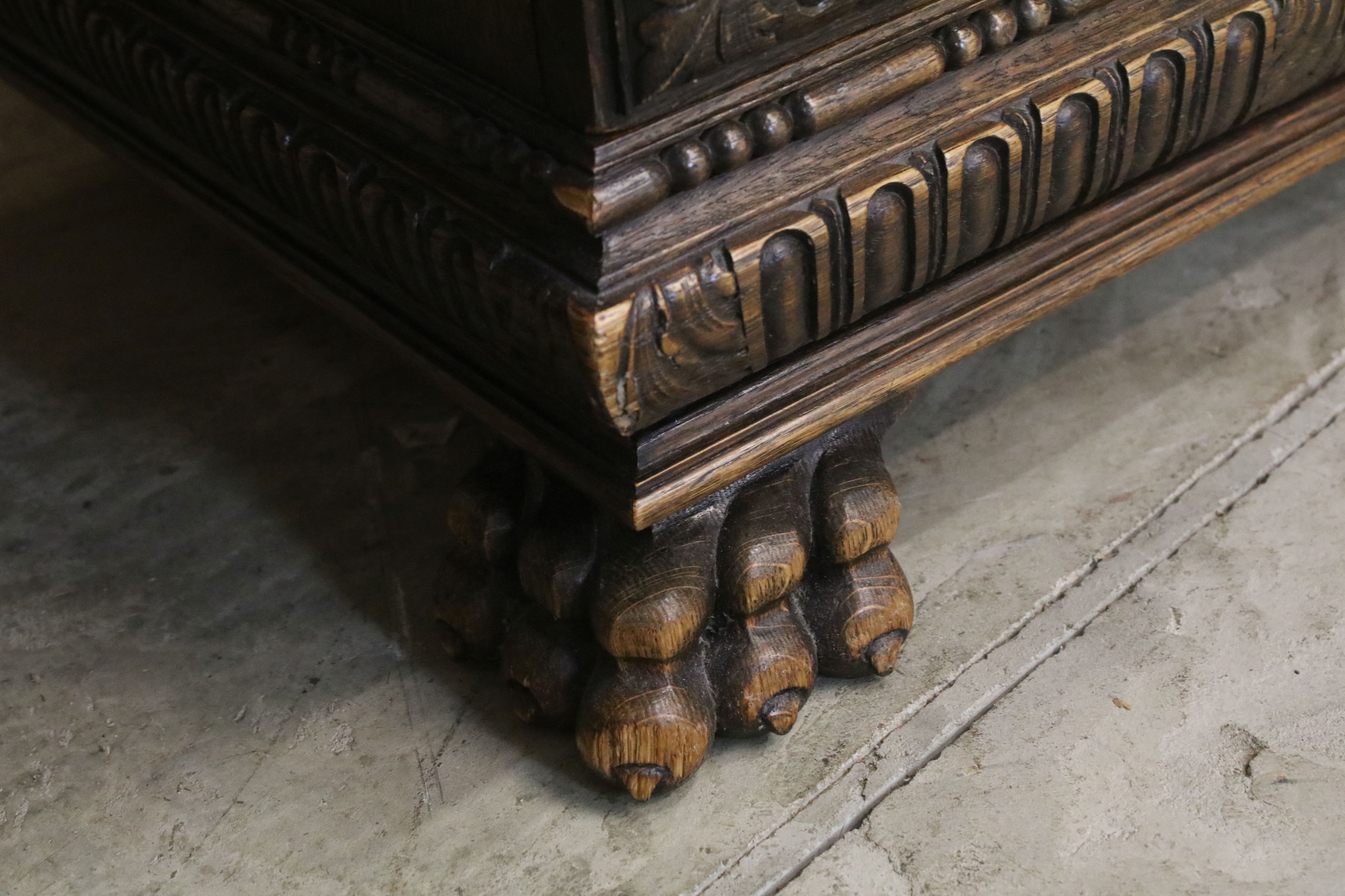 19th century Dark Oak Twin Pedestal Desk with three carved front drawers, each pedestal with heavily - Image 5 of 11