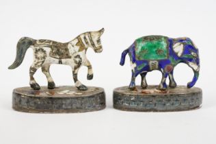 A sterling silver miniature horse and elephant figures with enamel decoration.