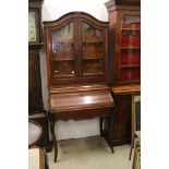 19th century style French Burr Wood Bureau Bookcase, the upper section with two glazed doors opening