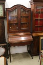 19th century style French Burr Wood Bureau Bookcase, the upper section with two glazed doors opening