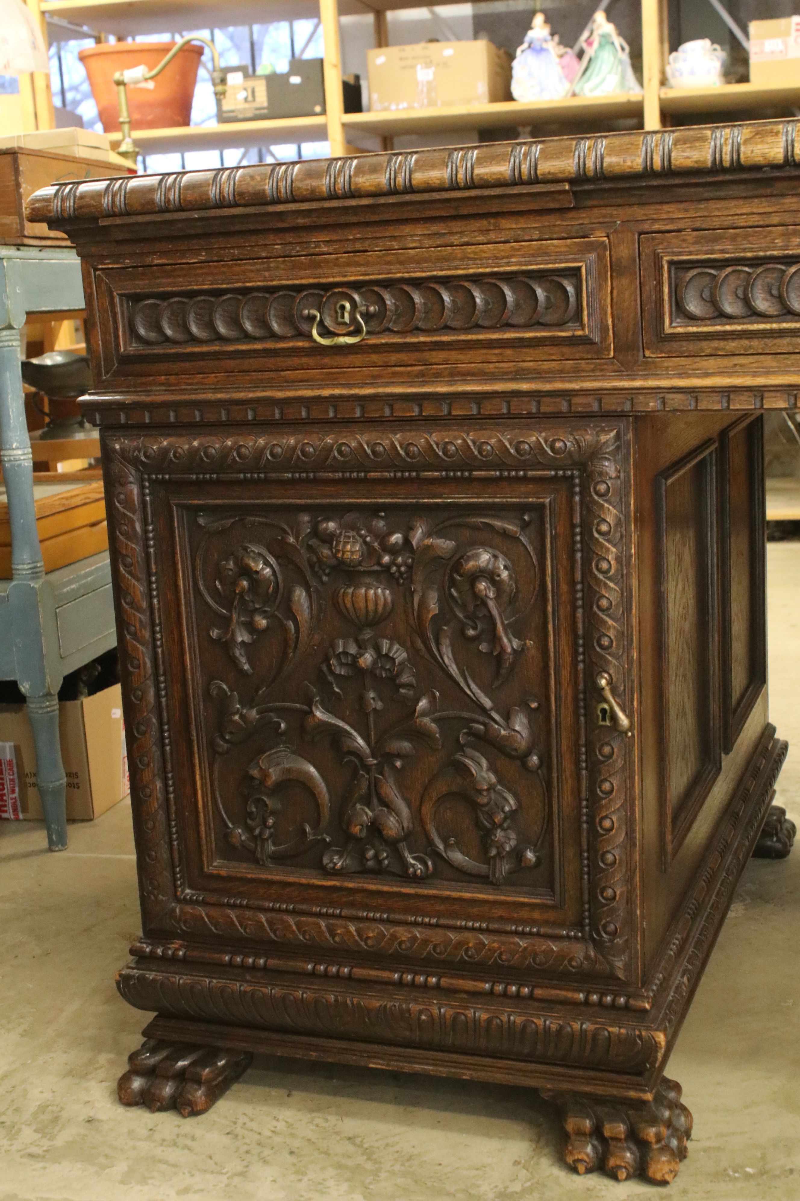 19th century Dark Oak Twin Pedestal Desk with three carved front drawers, each pedestal with heavily - Image 3 of 11