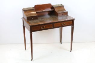 Edwardian Mahogany Carlton House style Writing Desk, the superstructure with pierced brass gallery