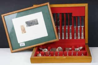 Sheffield silver plate Kings pattern six setting canteen of cutlery, wooden cased; plus a Canadian