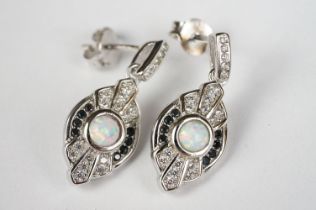 Pair of Silver CZ and Opal Art Deco style Earrings