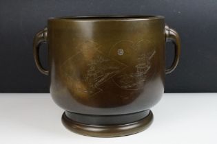 Large Chinese Bronze Twin Handled Censer engraved with landscape scenes and silver inlay, 24cm high