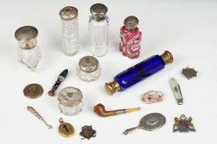 A small group of mixed collectables to include glass scent bottles to sterling silver lids, banded