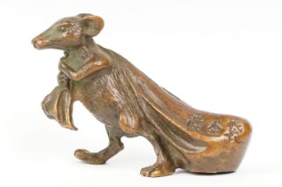 An ornamental chinese bronze lucky fortune rat with bag.