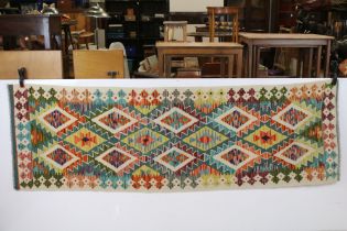 Hand Knotted Woolen Chobi Kilim Runner Rug, 205cm x 65cm