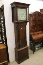 18th century Mahogany Inlaid Longcase Clock, the square hood housing a painted face decorated with