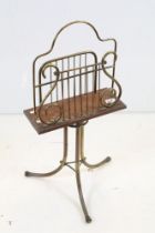 Victorian Brass and Hardwood Magazine Rack on revolving brass tripod base, 74cm high x 41cm wide