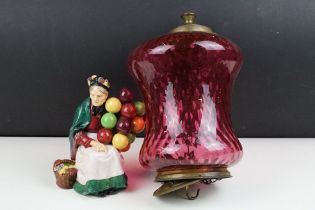 Late 19th century dimpled cranberry glass baluster hall lantern light shade with brass mount,