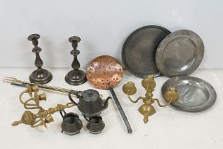 Mixed metalware to include a pair of brass three-branch wall sconces, Arts & Crafts style pewter