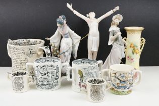 Mixed ceramics to include a large 19th century transfer printed loving cup (15.5cm high), five