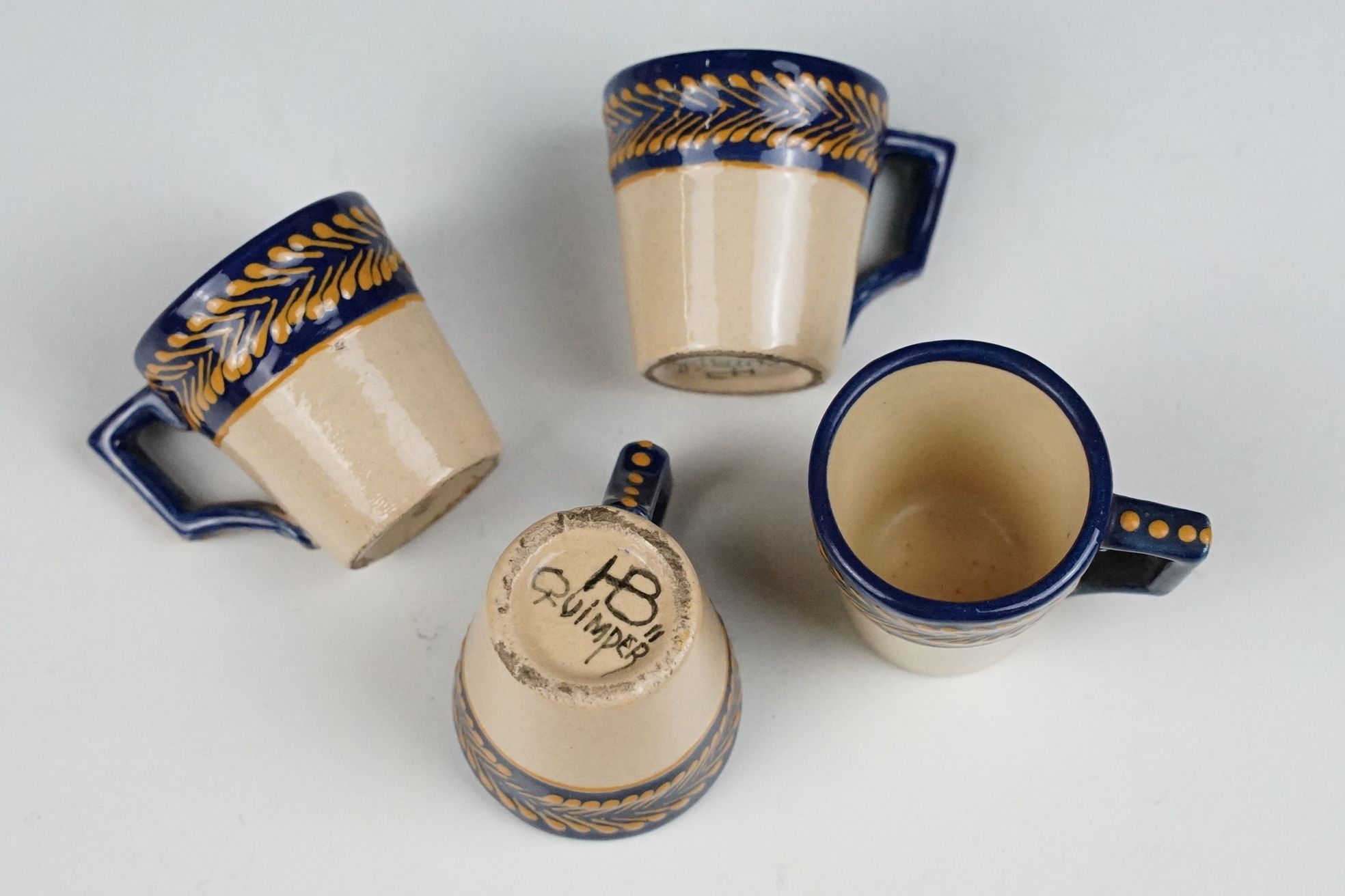 HB Quimper miniature tea set with blue glazing, to include ewer jug & stopper, 4 cups and a twin- - Image 4 of 6