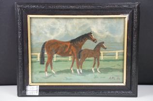 English School, mare and foal, oil on panel, 13.5 x 18.5cm, framed and glazed