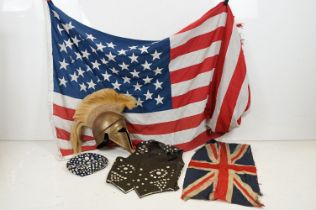 Group of mixed collectables to include a Spartan style helmet (approx 47cm tall), large USA flag,