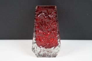 Whitefriars Coffin Vase in the Ruby Red colourway, from Geoffrey Baxter's Textured Glass range,