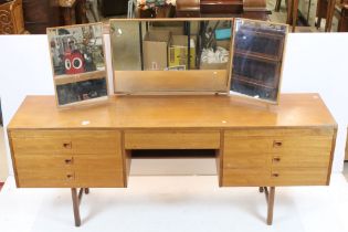 Mid century Retro Alfred Cox Teak Dressing Table with triptych mirrors and two pedestals of three