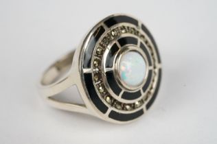 Silver Ring set with Onyx Marcasite and Opal Panel