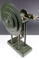 G.F Palmer of London green painted cast iron air pump, pat no. 268416, with 12" pulley, raised on