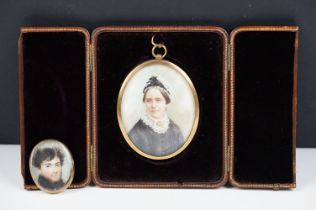 19th Century portrait miniature depicting a female figure set within a yellow metal frame,