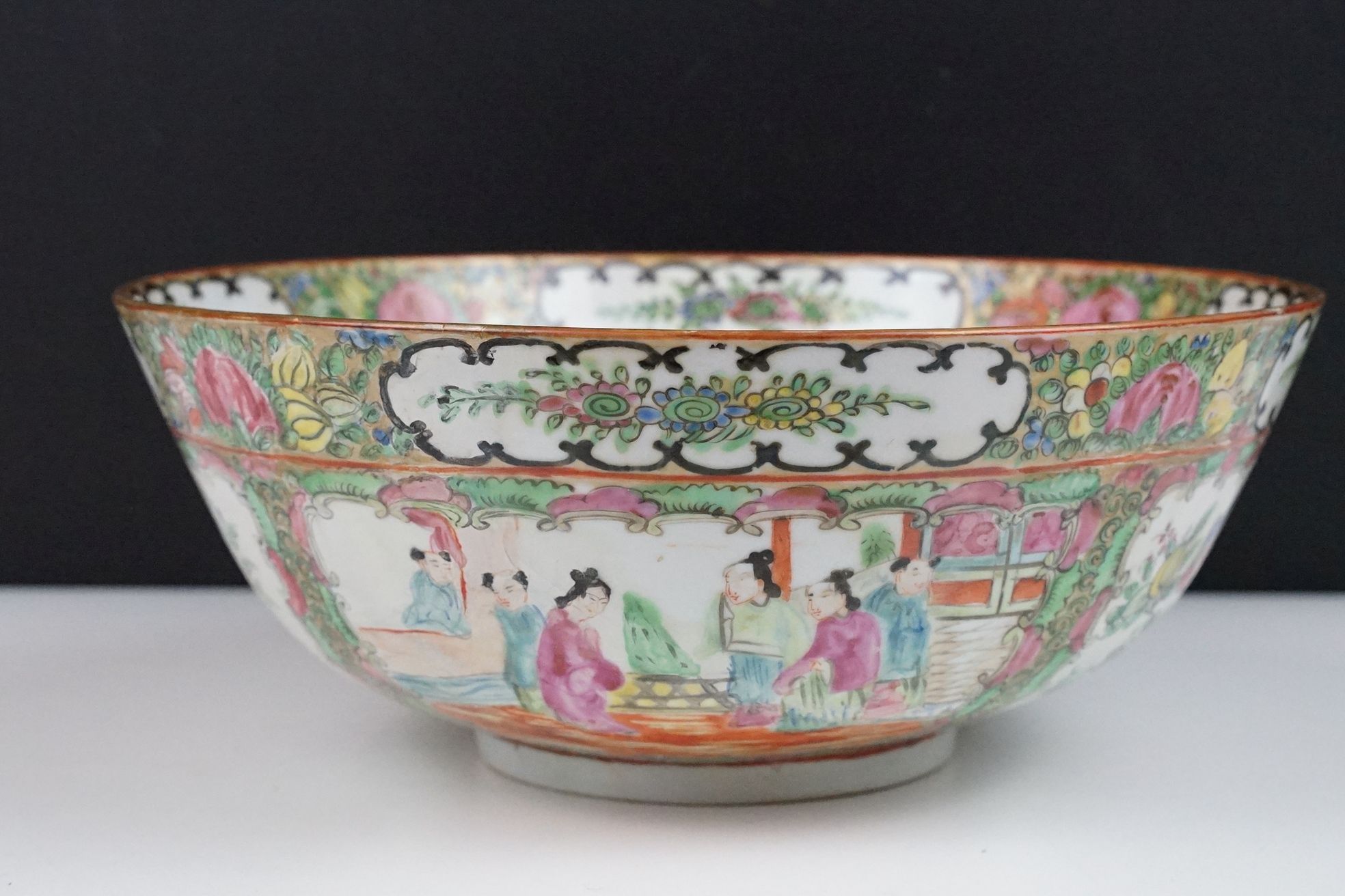 Chinese Cantonese Famille Rose Porcelain Bowl decorated with panels of figures and panels of exotic - Image 8 of 15