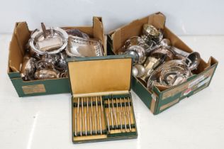 Collection of mixed silver plate to include a Viners cutlery set (boxed), trumpet vase, teapots,