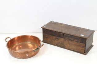 19th century Stained Pine Box, 24cm high x 66cm long together with a Copper Twin Handled Jam Pan