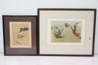 Boris O'Klein Humorous Print of Dogs playing Football, 19 x 26.5cm together with a 1902 Cecil