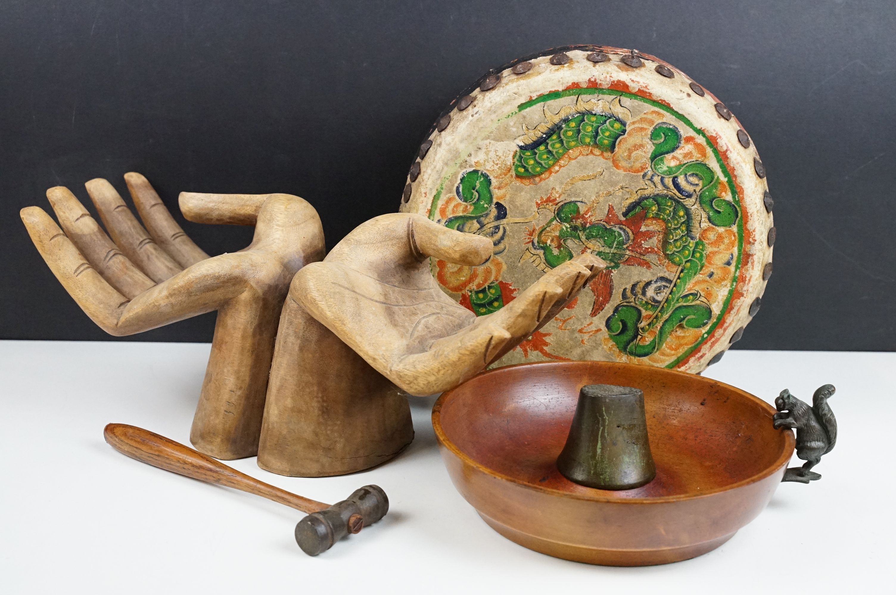 Chinese 1920s painted double sided drum together with a pair of Thai carved wooden hands, and a