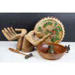 Chinese 1920s painted double sided drum together with a pair of Thai carved wooden hands, and a