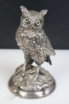 Novelty silver plated desk inkwell modelled as an Owl, with glass eyes, complete with glass liner,