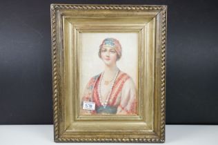 Gilt Framed Oil Painting Portrait of a Young Lady in embroidered dress and cap, 26cm x 18.5cm