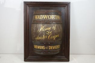 Wadworth Home of Master Cooper Brewers of Devizes half barrel sign set within a wooden frame. The