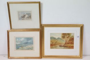 Three Antique Framed Watercolours of a Coastal Scene, River Scene with Punt and one with Cottage,