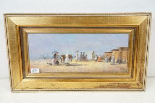 Impressionist Oil Painting View of a Victorian Crowded Beach Scene with figures and beach huts, 18cm