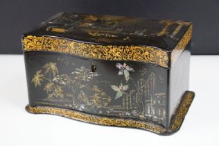 Victorian black lacquered twin compartment tea caddy with shaped front, the lid inlaid abalone shell