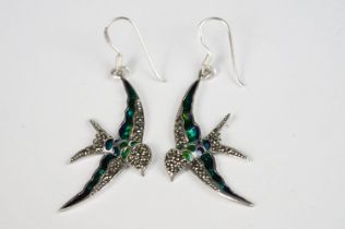 Pair of Silver and Enamel Bird Drop Earrings