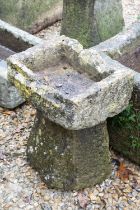 Reconstituted stone bird bath / planter of rectangular pedestal form. Measures approx 36cm wide.