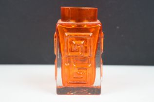 Whitefriars Greek Key vase in the Tangerine colourway, from Geoffrey Baxter's textured glass