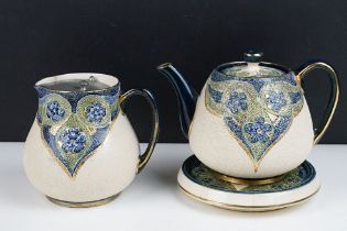 William Moorcroft for Macintyre - Florian teapot, jug & stand, circa 1900, with green, blue & gilt