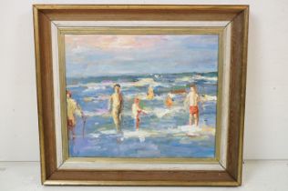 Impressionist Oil Painting of Figures paddling at the Seaside, 31.5cm x 38cm