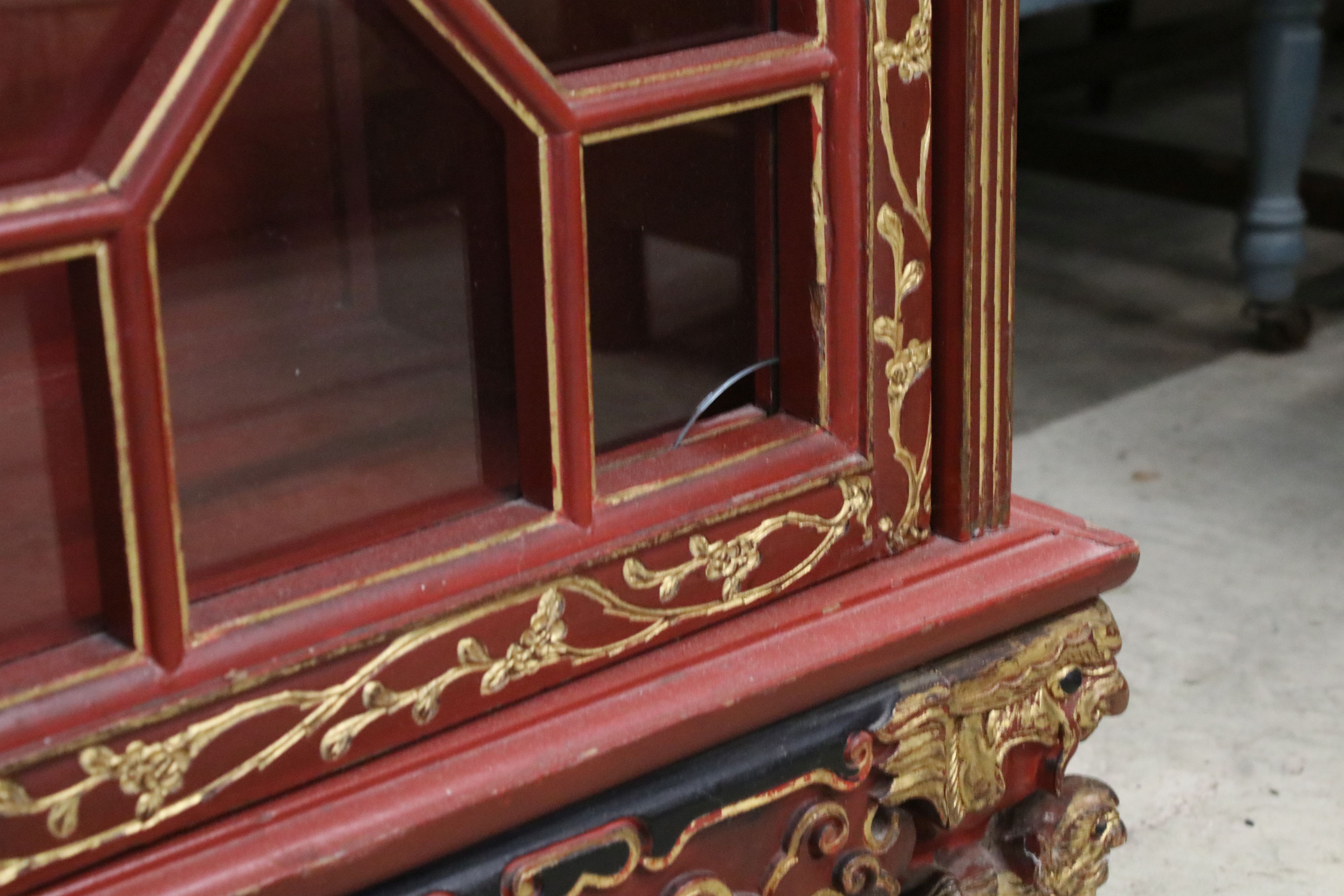 Red Lacquered and Gilt decorated Inverted Breakfront Display Cabinet in the Chinese manner, the - Image 8 of 14