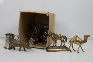 Collection of Brass and Silver Plate including Animals, Flatware, Doorstop, etc