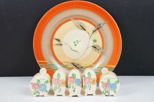 Clarice Cliff for Newport Pottery five piece cruet set of 'Bonjour' form, with hand painted floral