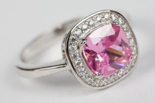 Silver CZ and Pink Topaz style Ring