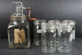 Mid century Glass Butter Churn and Preserve Jars. Butter churn approx 36cm tall