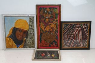 Four Framed Ethnic Art Paintings to include Oil Painting of a Young Woman, Tribal Dancers, a Carving