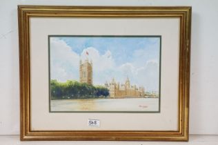 20th century Watercolour Study of the Houses of Parliament and the Thames, signed