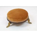 19th century Circular Footstool, gold coloured upholstered top raised on a wooden frame with three